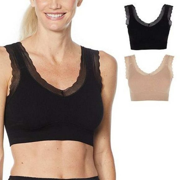 Rhonda Shear 2pk Forever Stretch Ahh Ribbed Knit Bra w/Lace Trim X LARGE - Picture 3 of 8